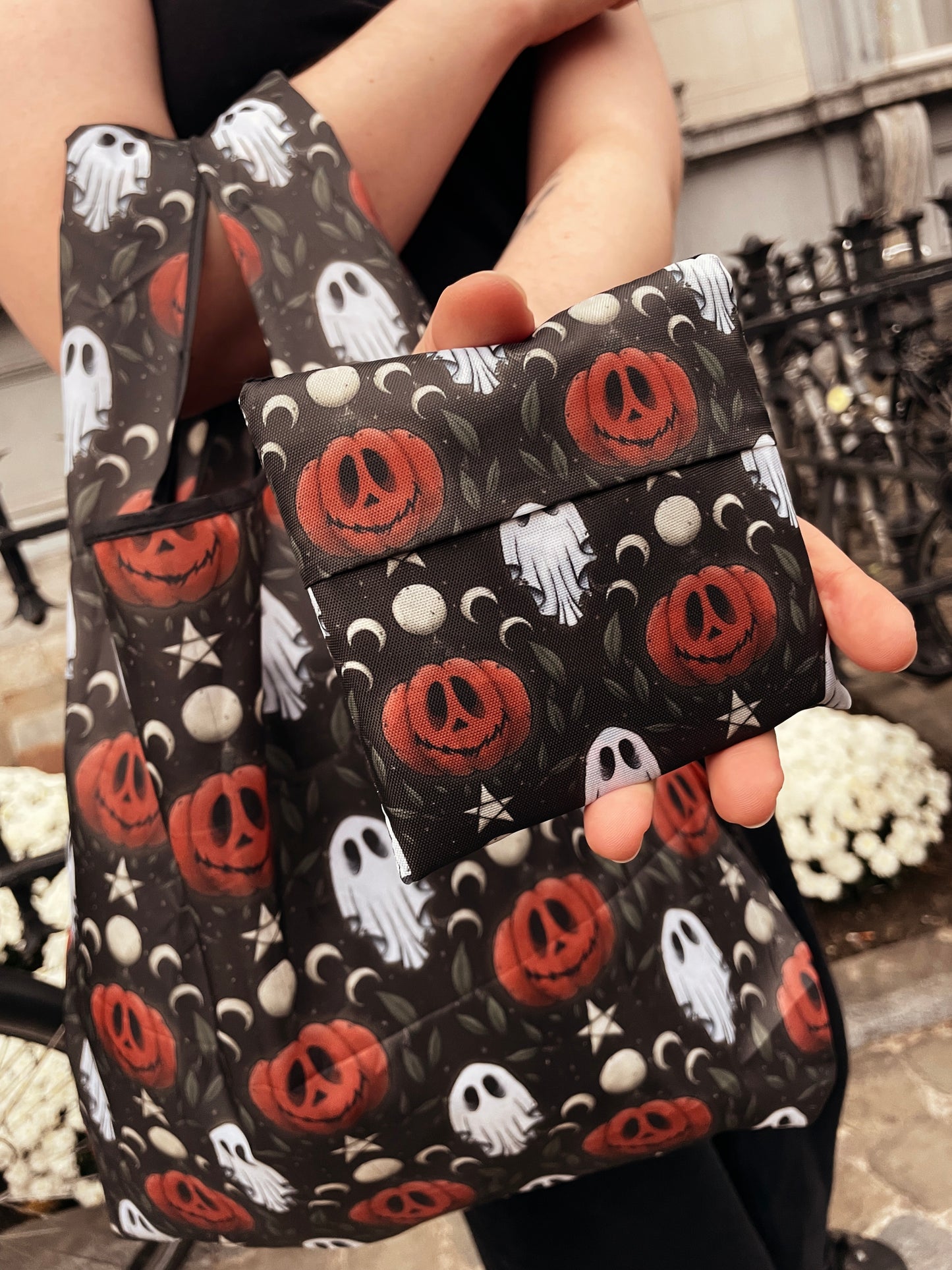 Pumpkin and ghost - reusable shopping bag